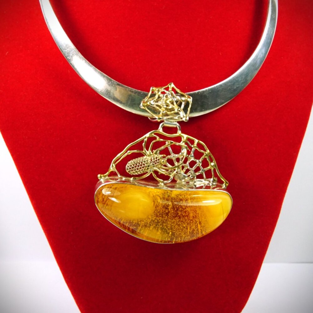 Massive Amber 925 Silver Spider Web Necklace - Wide Omega Choker - OOAK jewelry